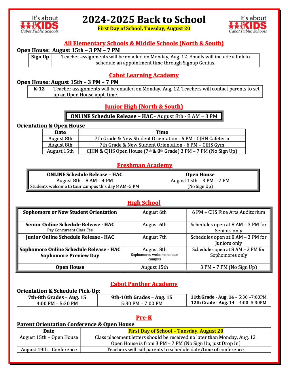 Back to School Schedule